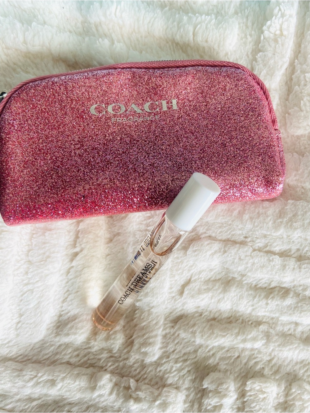 Coach Pink Glitter Makeup Pouch with Perfume Roller
